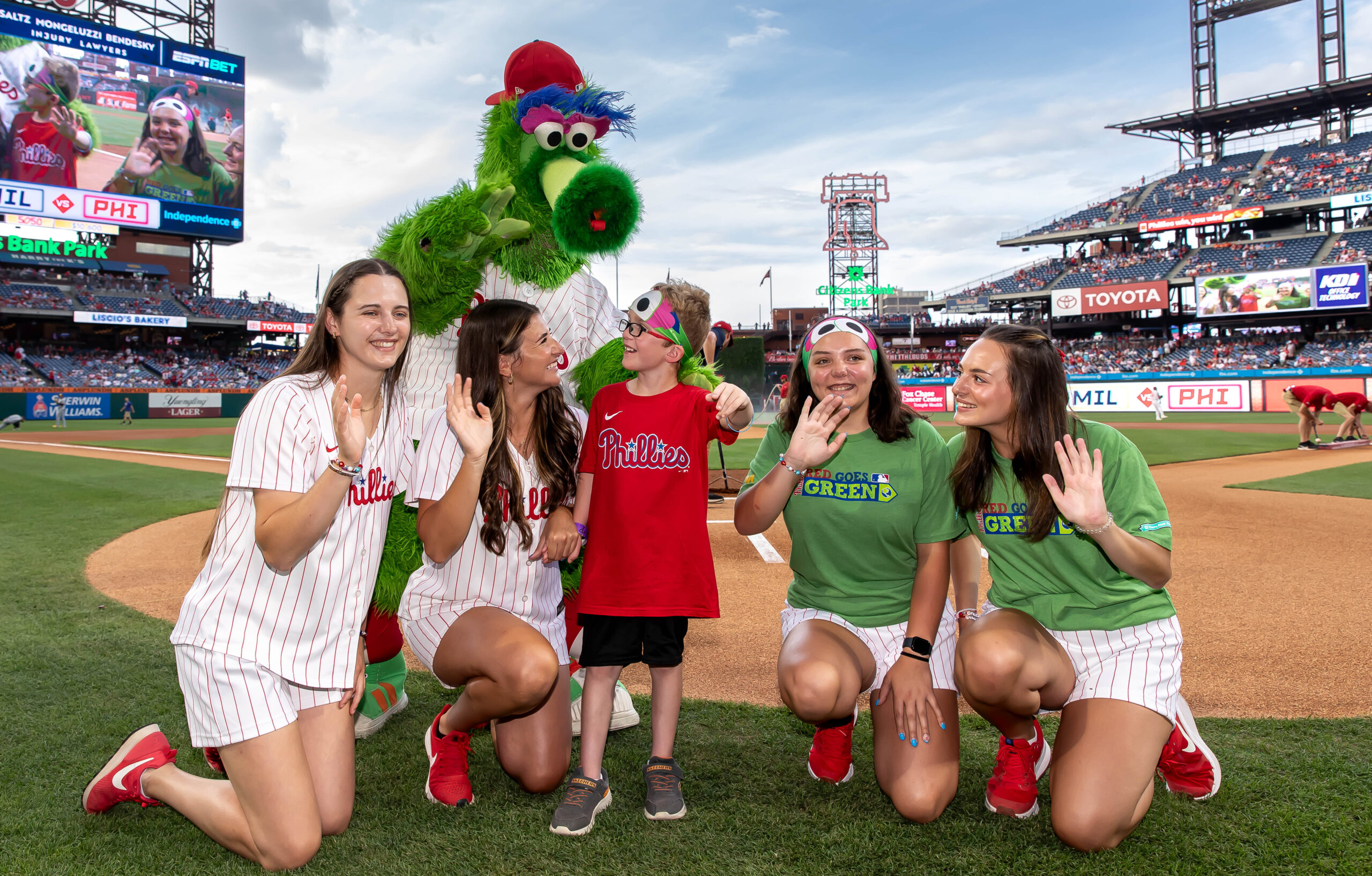 June Phillies Ball Kid of the Month with Phillies Ball Girls and Mascot