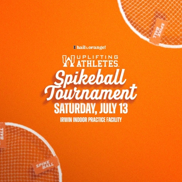 Graphic for the Illinois Women's Volleyball Spikeball Tournament on an orange background